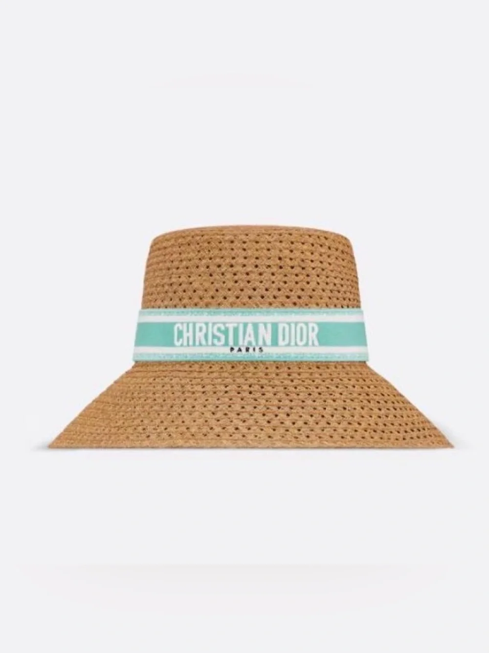 Dior Tan Straw Sun Hat with Mint Green Logo Band